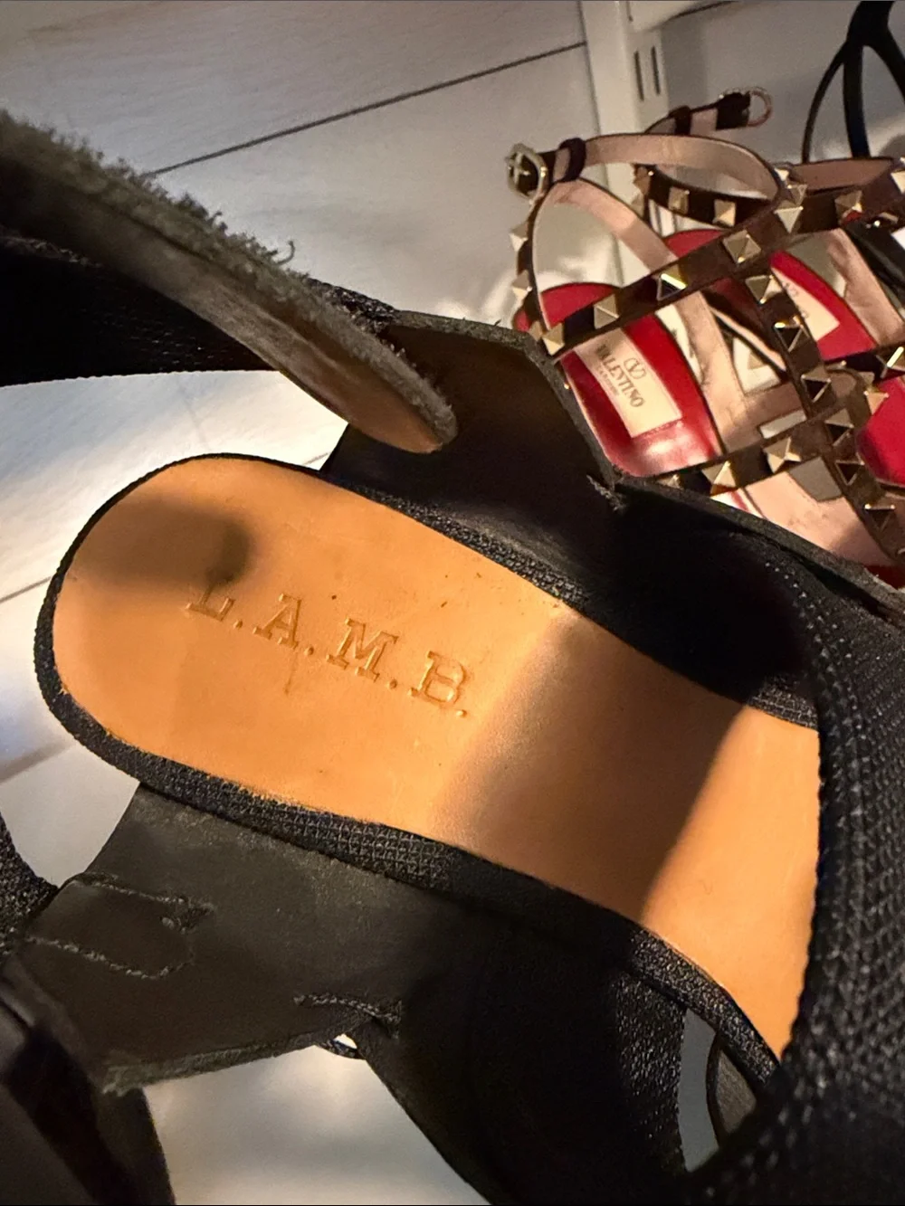L.A.M.B. Black Leather Ankle-Strap Platform Wedges